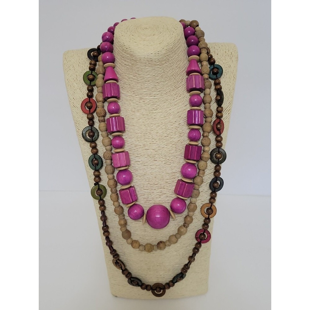 Vintage Brown Purple Carved Wooden Beaded  Necklaces Tribal Jewelry Boho Lot